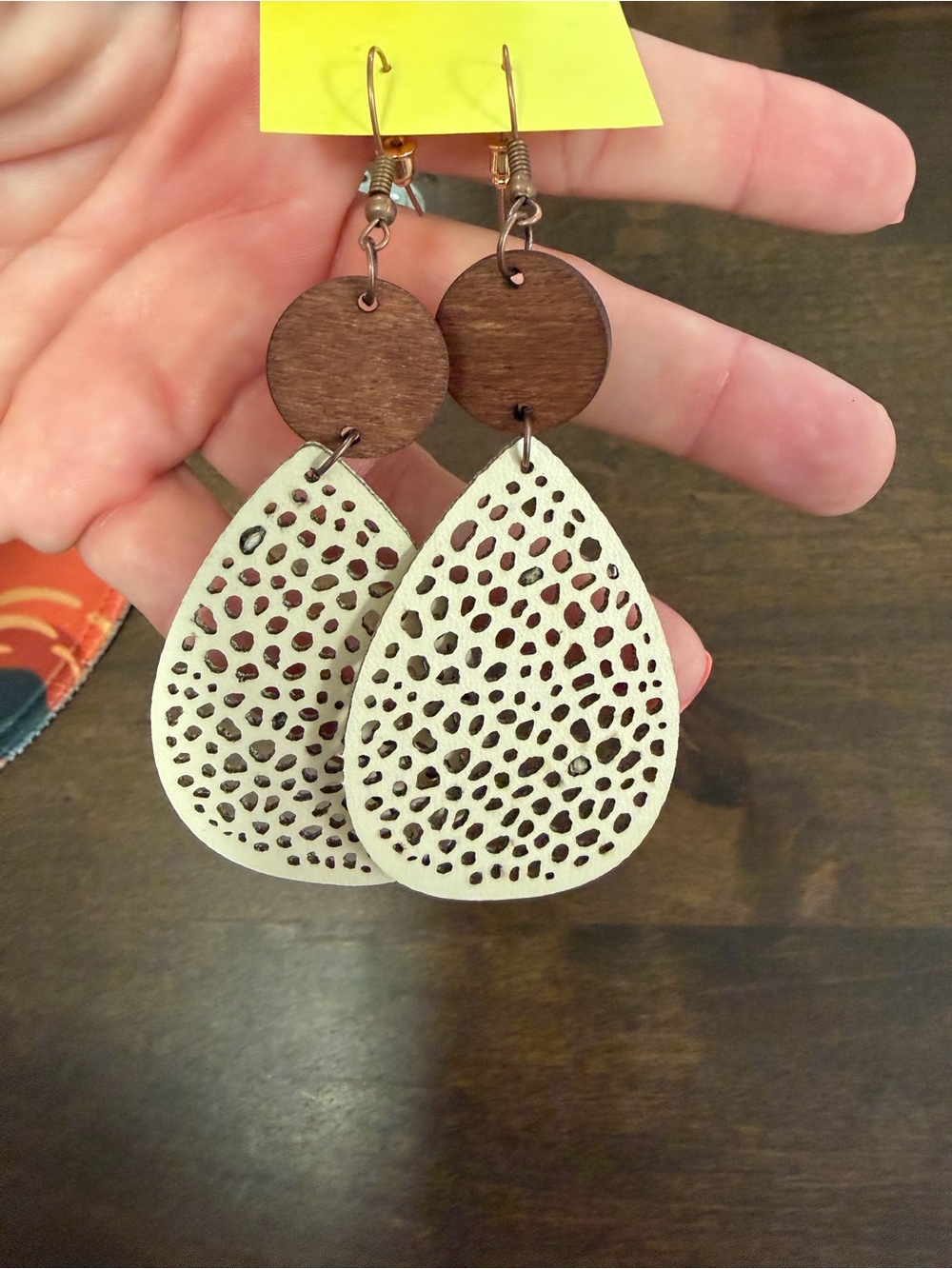 White Cutout Teardrop Earrings with Wooden Discs